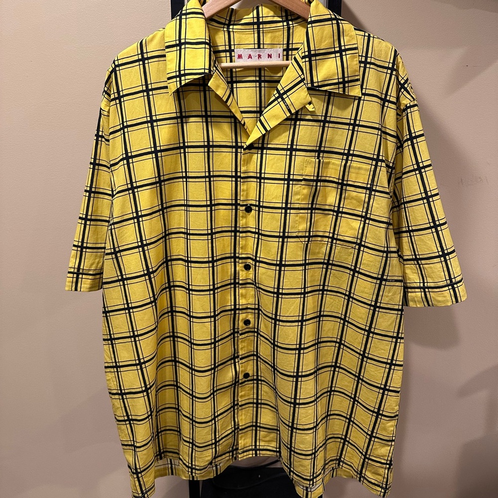 Marni Checkered Grid Poplin Bowling Yellow Shirt